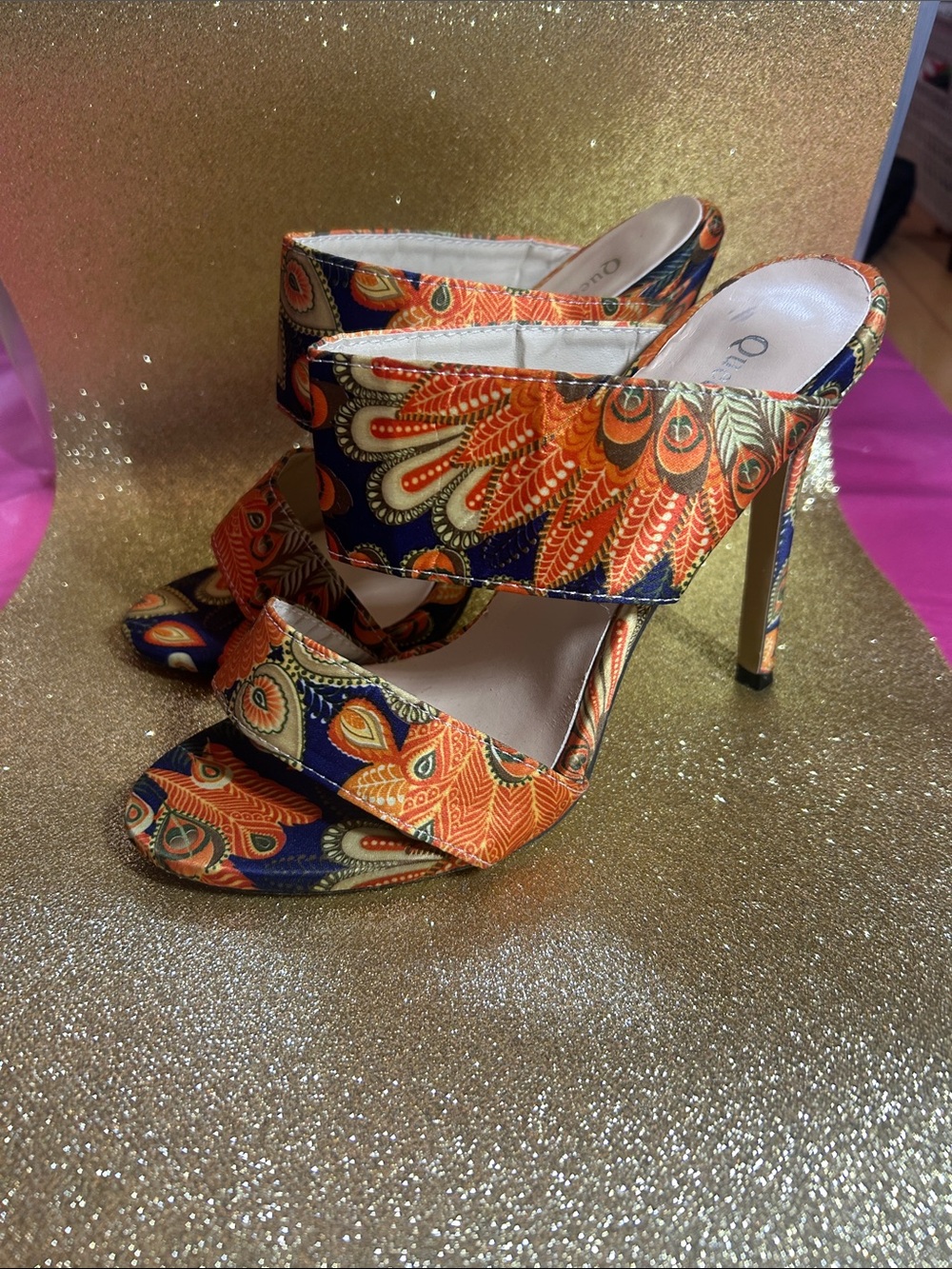 Patterned Orange Peep-Toe High Heel Mules